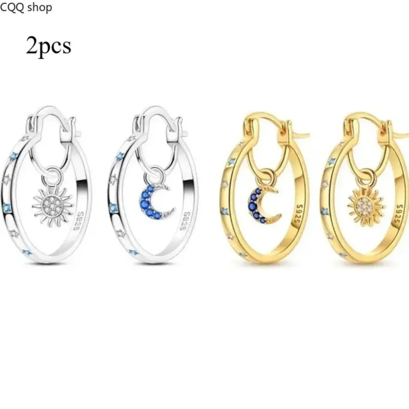 2 PCS Sun and Moon Dangle Earrings, Silver‑Plated White Gold Finish With Shining CZ Inlay, Unique Women Jewelry Gift for Birthday Valentine’s Day