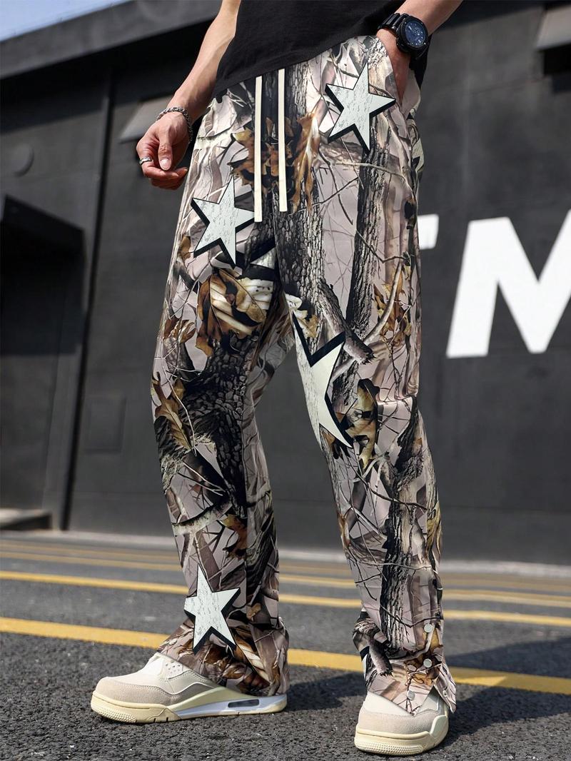 Menswear Loose Camo/Tree Print Drawstring Waist Pants, Casual Outdoor Pants, Casual Street Fashion Button Design Pocket Trousers for Daily Wear, Mens Bottoms for All Seasons, Earthtone Fallfreshness, Fall Gift
