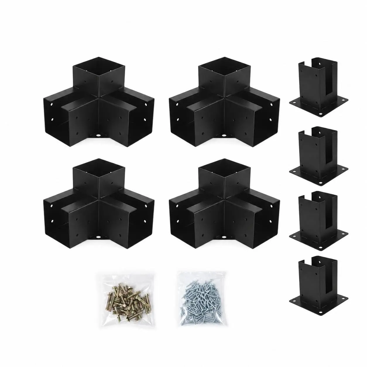 4x4 Pergola Bracket Kit, 4pcs 3-Way Right Angle Corner Bracket + 4pcs Base