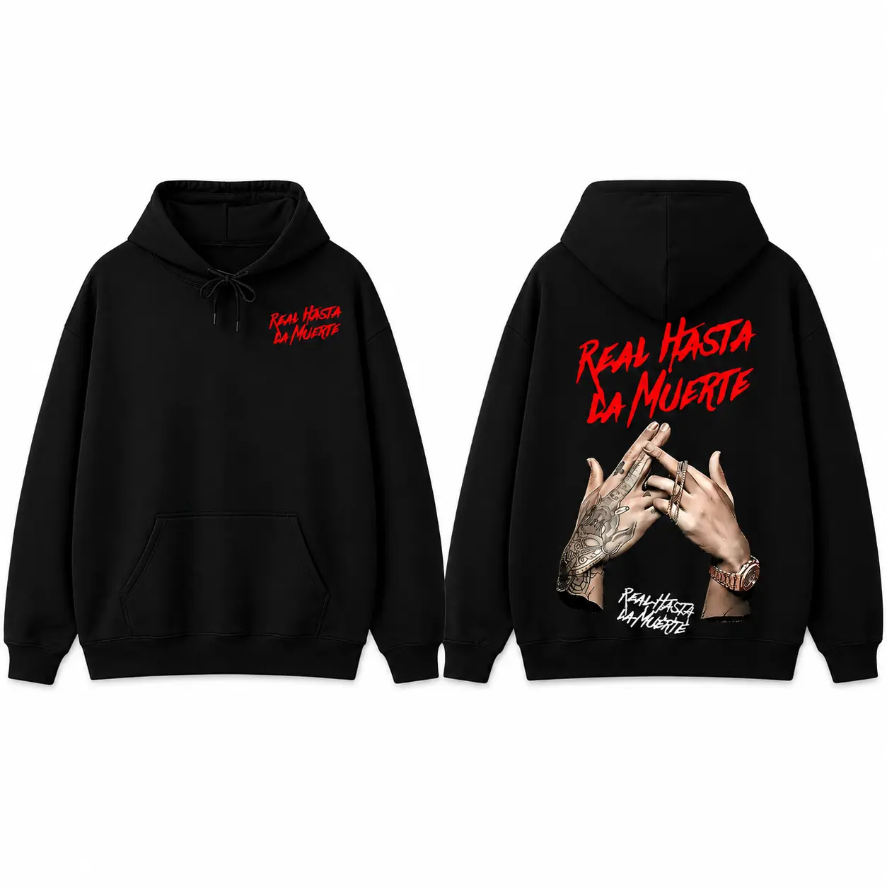 Real Hasta La Muerte Graphic Hoodie Streetwear Sweatshirt with Tattooed Hands Bold Red Lettering Long Sleeve for Streetwear Lovers