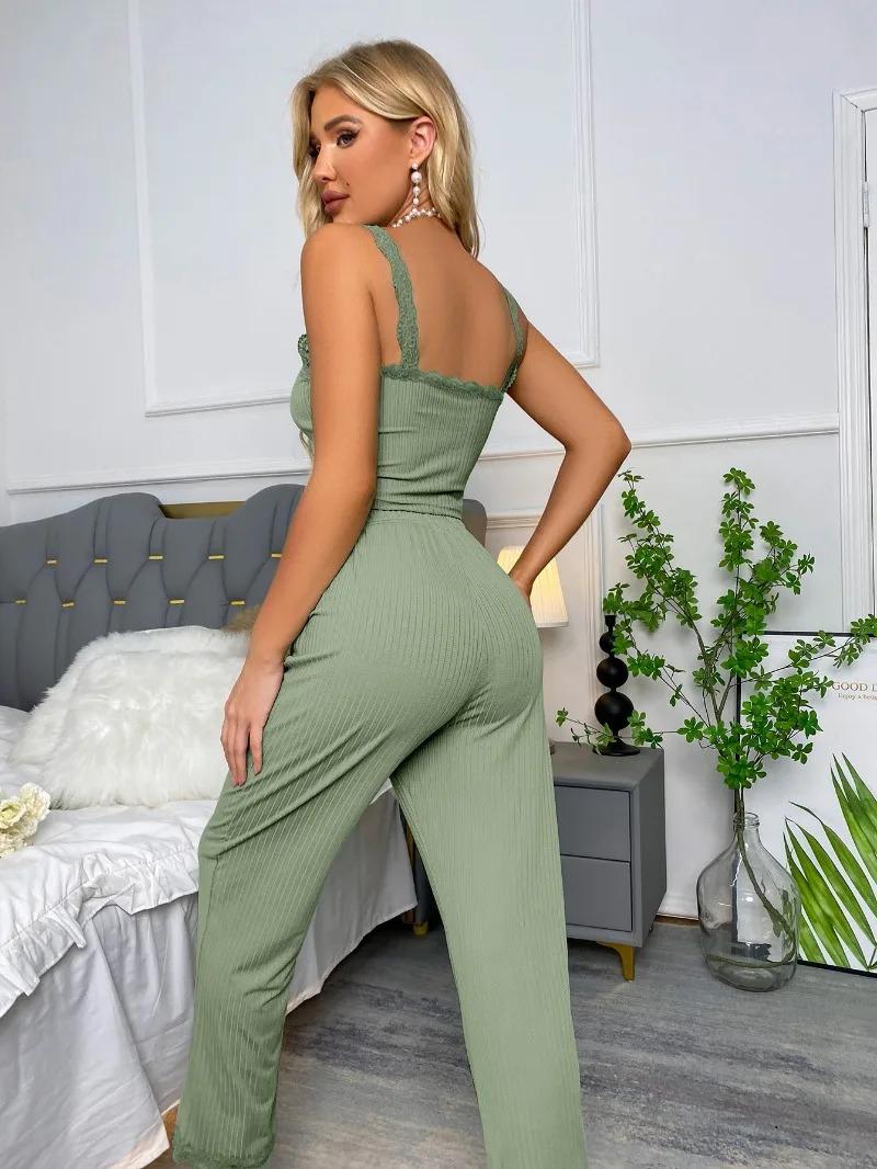 Women's Sexy Pajamas Set 2025 Summer Ribbed Sleeveless Top Long Pants Sleepwear 2 Piece Set For Women Home Casual Suspender Suit Green Loungewear Pjs