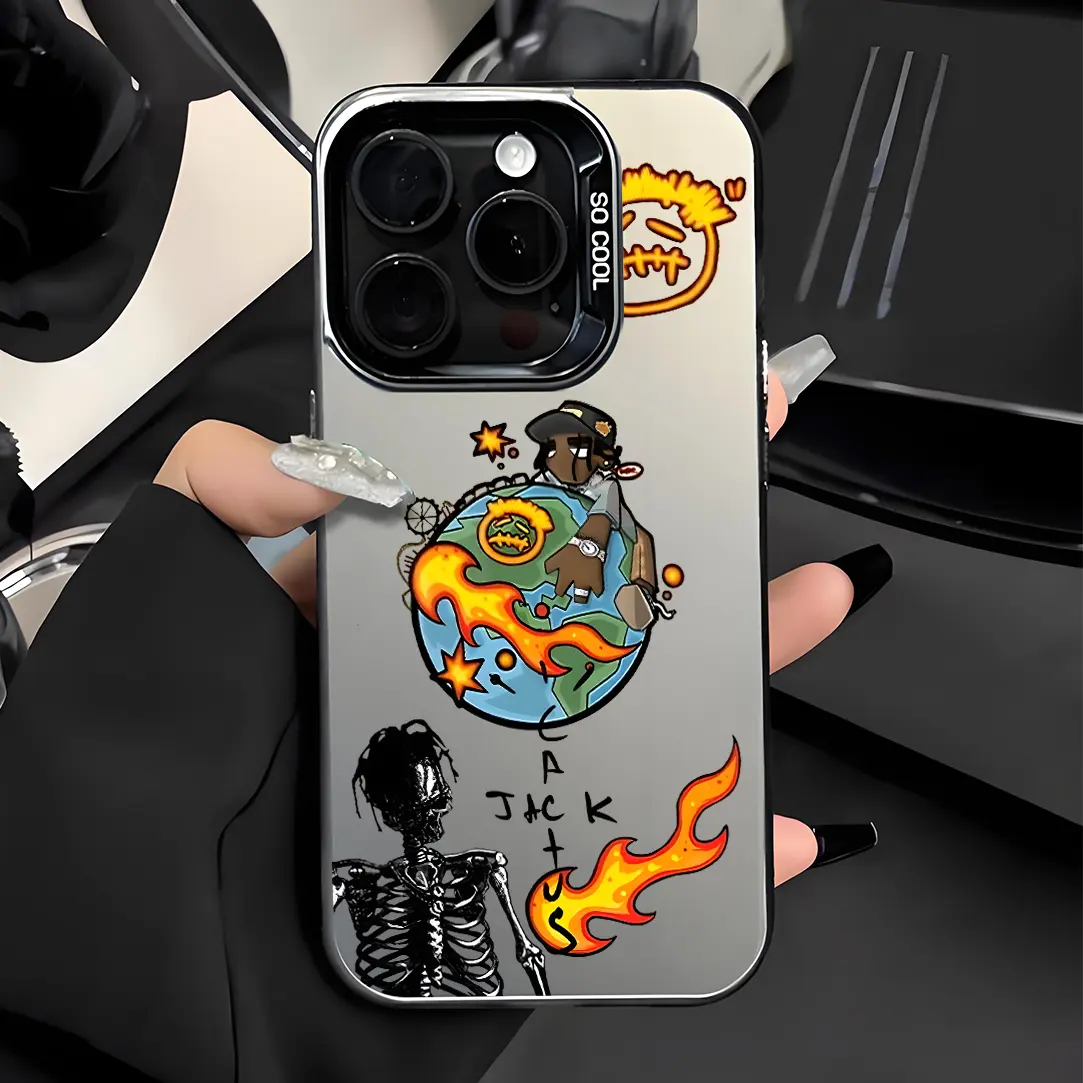 Hip Hop Street Graffiti Skeleton Flame World Graphic Shockproof Phone Case for iPhone 7 8 X XR 11 12 13 14 15 16 17 Pro Max Plus AIR 17E Protecitved Cover, Y2K
