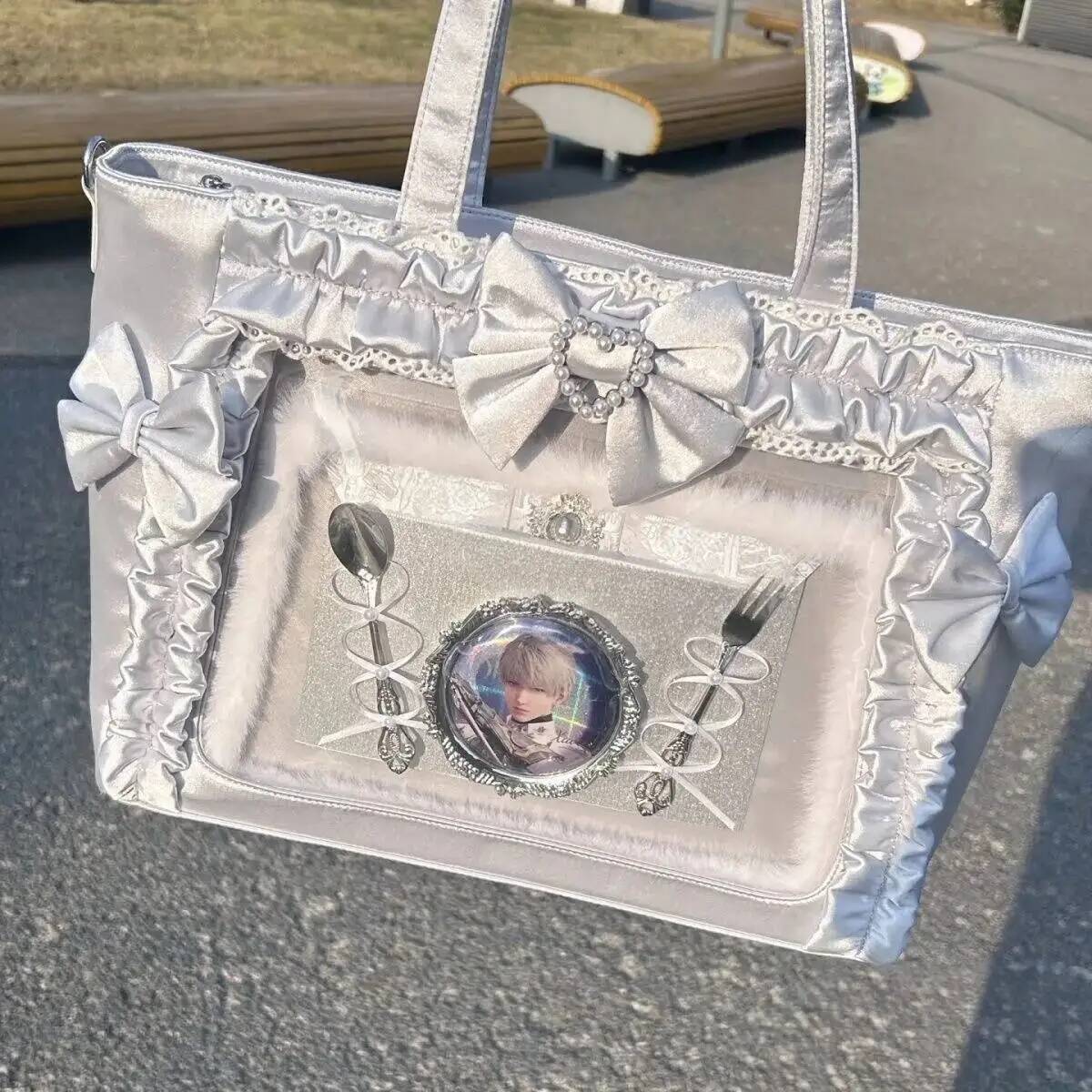New Y2k Sweet Ita Shoulder Bag Lolita Girl Transparent Crossbody Bag Women Large Capacity Lace Tote Bag Cute DIY Display Handbag