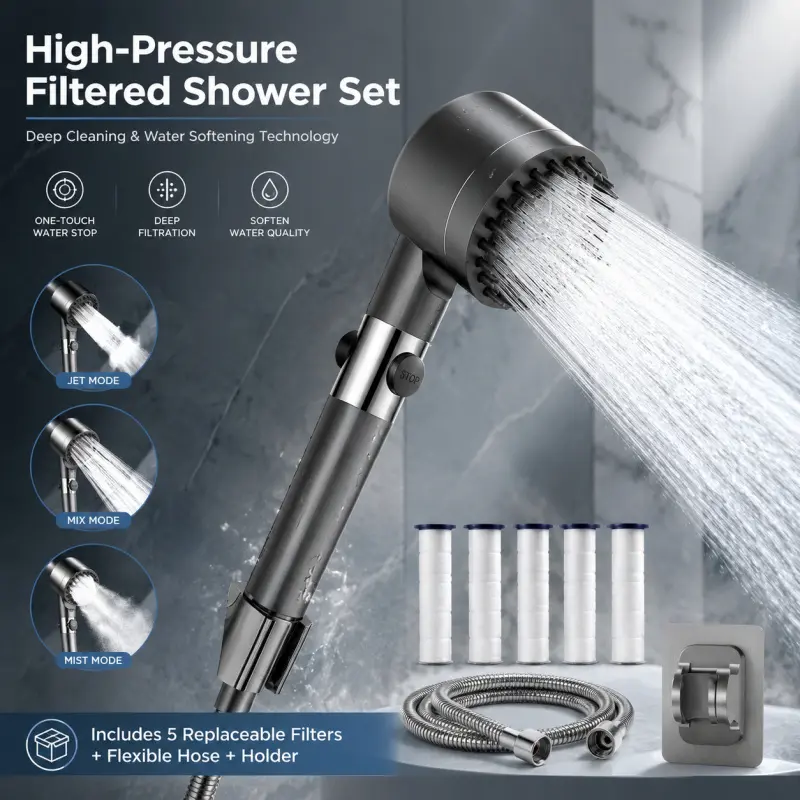 High-Pressure Filtered Water Softener Showerhead Set with 5 Replaceable Filters - 3 Spray Modes, One-Touch Stop Button & Water Softening