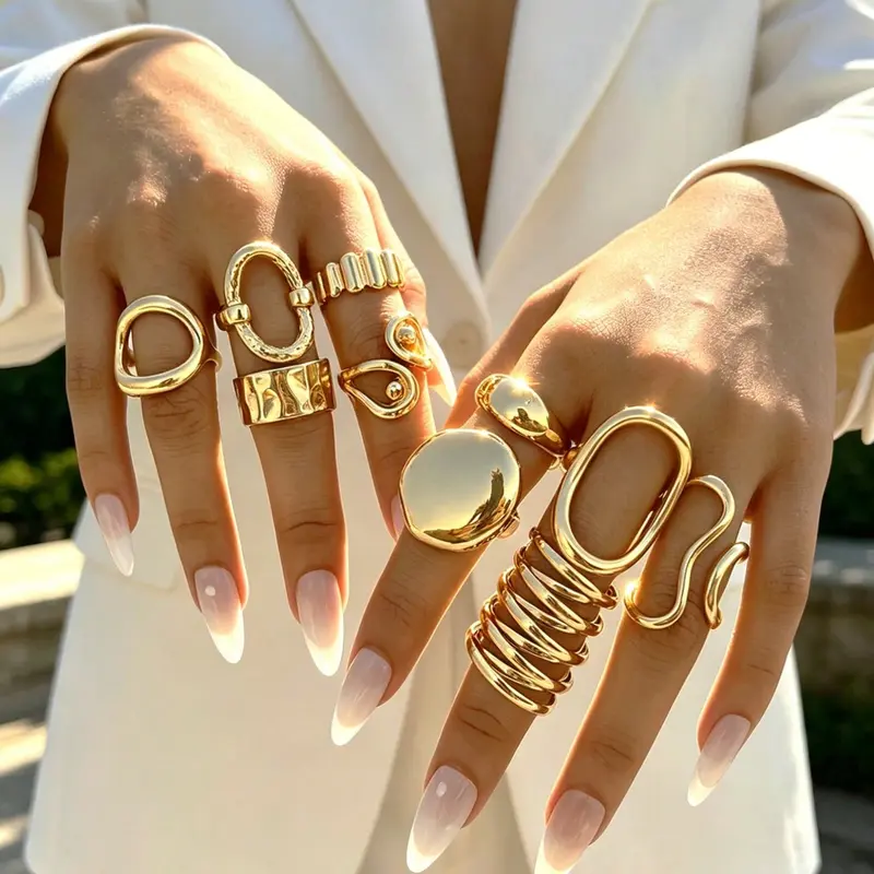 10pcs/Set Minimalist Vintage Geometric Hollow Circle Ring Set, Asymmetrical Wrinkle Texture Cross Multi-Layer Chunky Rings, Stacking Finger Jewelry, Gold Tone, for Women Holiday Party Daily Gift