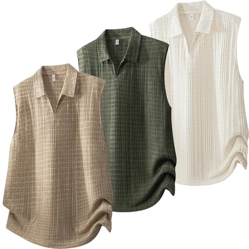Men's Sleeveless Polo Vest, Stylish Vertical Rib Breathable Knit, Classic Loose Fitting Menswear with Lapel V-Neck, Summer Top for Jeans, Loose Fit, Casual, Solid Colors