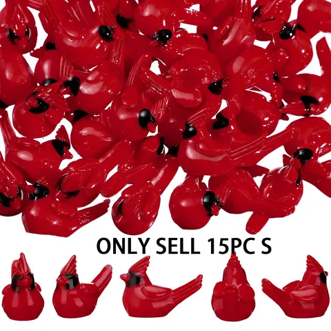 15Pcs Mini Resin Cardinal Bird Figurines, Tiny Christmas Ornaments for Garden Crafts, Festive Cake Toppers for Holiday Decoration, Bird Decorations, Christmas Table Decorations, Decorations Accessories