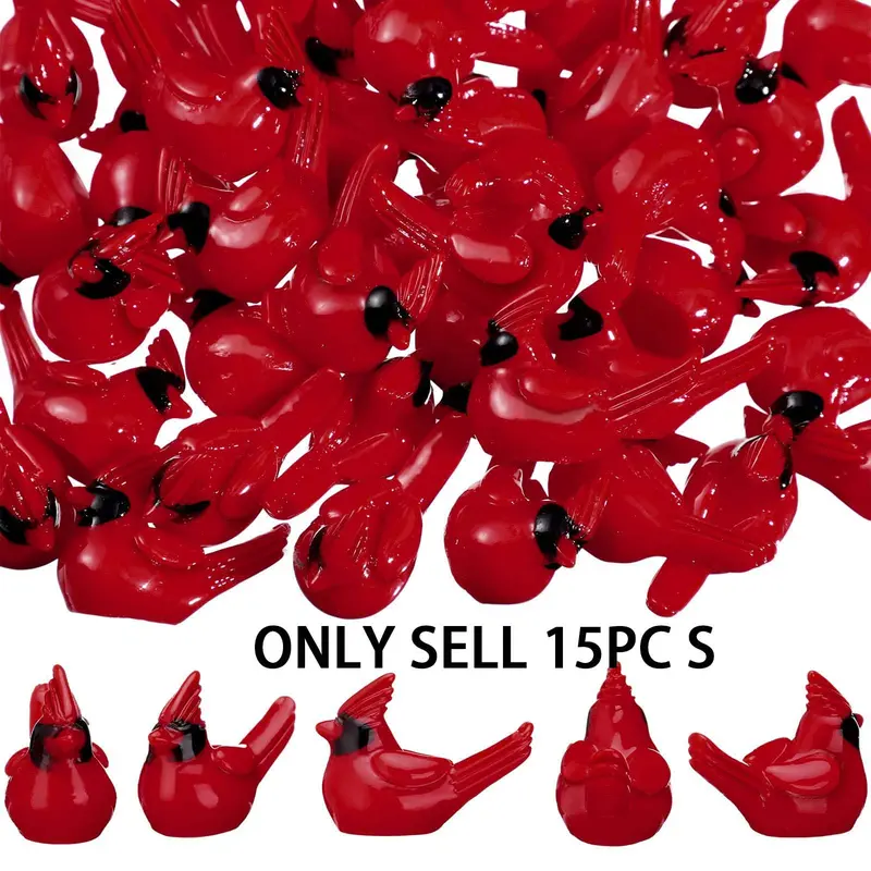 15Pcs Mini Resin Cardinal Bird Figurines, Tiny Christmas Ornaments for Garden Crafts, Festive Cake Toppers for Holiday Decoration, Bird Decorations, Christmas Table Decorations, Decorations Accessories
