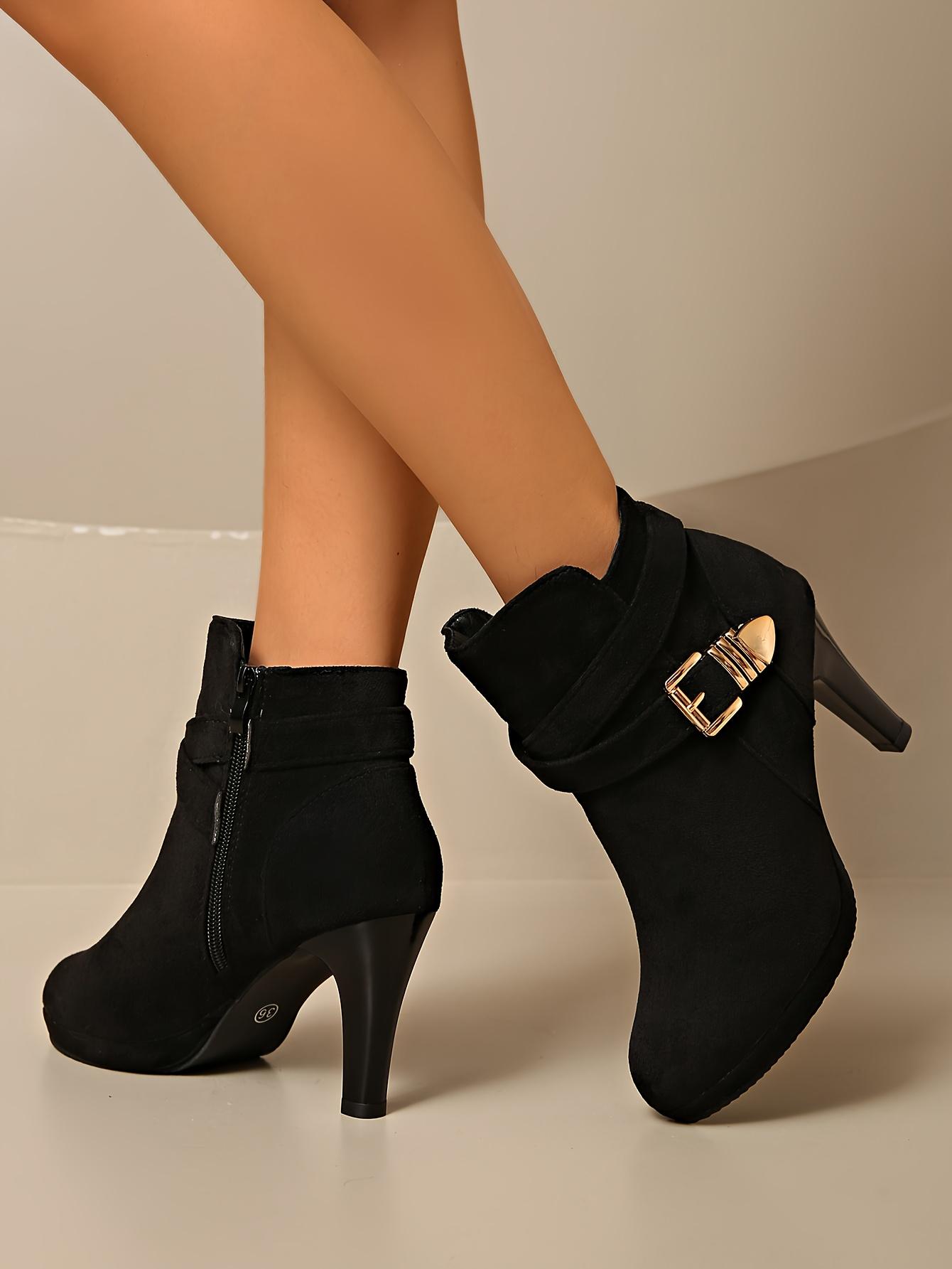 A Pair of Women's High Quality Platform Chunky Heel Side Zipper High-Heeled Ankle Booties, Women Shoes
