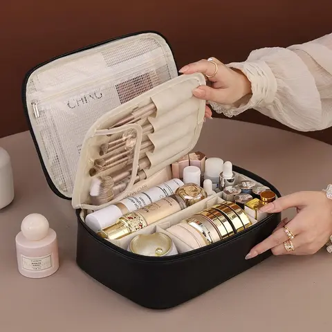 Portable Makeup Bag, Large Capacity Cosmetic Organizer, Travel Accessories, Zipper Pouch for Skincare, Lipstick, Eyeliner, Brushes, Makeup Storage Bag, Travel Essentials, Travel Cosmetic Bags, Cosmetics Bag