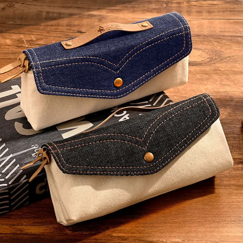 Pencil Pouch - Denim Roll Up Pencil Case Canvas Pouch with Leather Handle for Women Girls Students Everyday Use