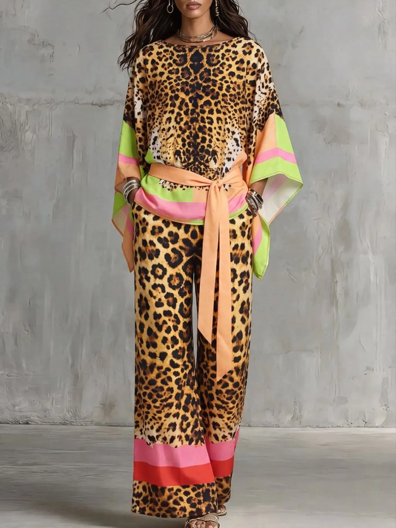 Women's Leopard Print Two-Piece Set Outfit, Batwing Sleeve Kimono Top, Adjustable Waist Belt, High-Waisted Wide Leg Pants, Casual Resort Chic Style