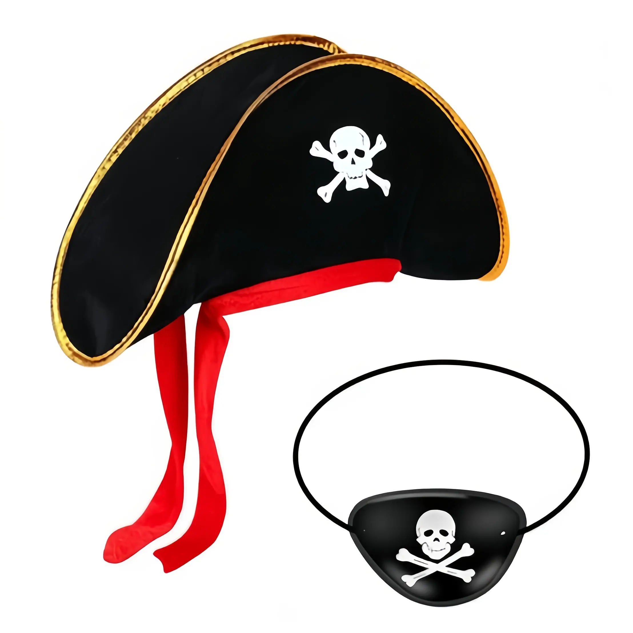 Unisex Comfortable Lightweight Classic Soft Fitted Pirate Tricorn Hat & Matching Eye Patch Set - Skull Theme Fabric Costume Accessory, Gift for Halloween Cosplay, Photo Prop (Toys & Hobbies DIY Knitting Crochet Supplies)
