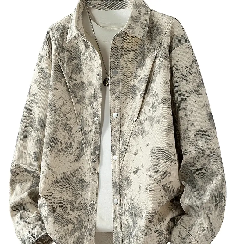 Men's Stylish Tie-Dye Turn-Down Collar Long-Sleeve Shirt Jacket - 2026 Spring & Autumn Menswear, Foldable, Street Style, Versatile, Artistic, Machine Washable Casual Top, Long Sleeves, Medium Length, Tie Dye Print, Fashion, Longsleeves, Polyester, Jacket,