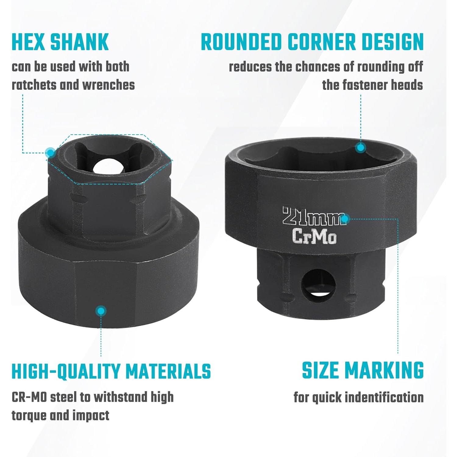 3/8" Drive Stubby Impact Socket Set, Low Profile Impact Sockets, 19-, Metric, Size Covers 6-24mm, Cr-Mo Steel, Organized in  Storage Rail