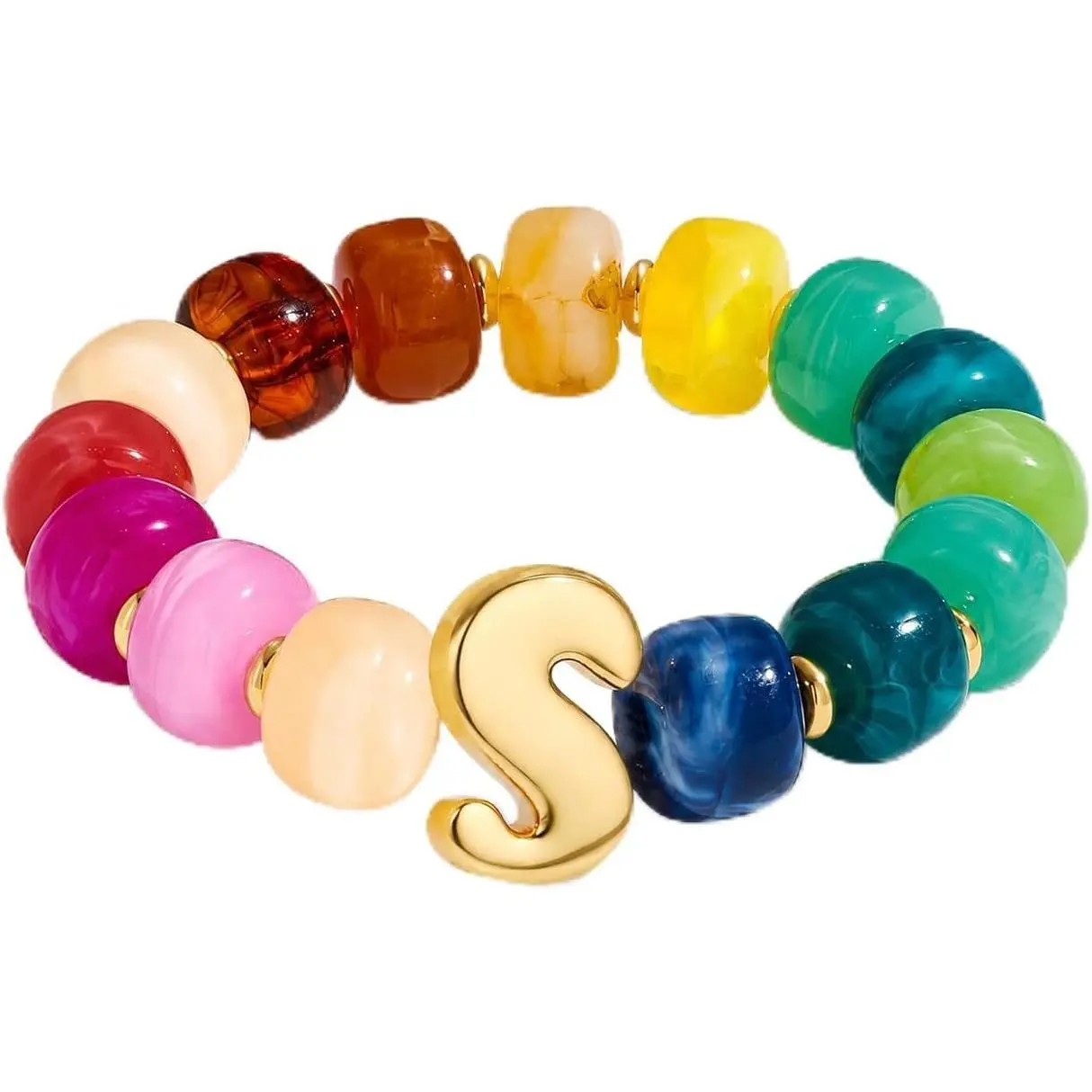 Bubble Initial Chunky Beaded Bracelet for Women, Colorful  Stretch Bracelet with Letter Charm, Dopamine Summer Beach  , Boho Statement Bracelets