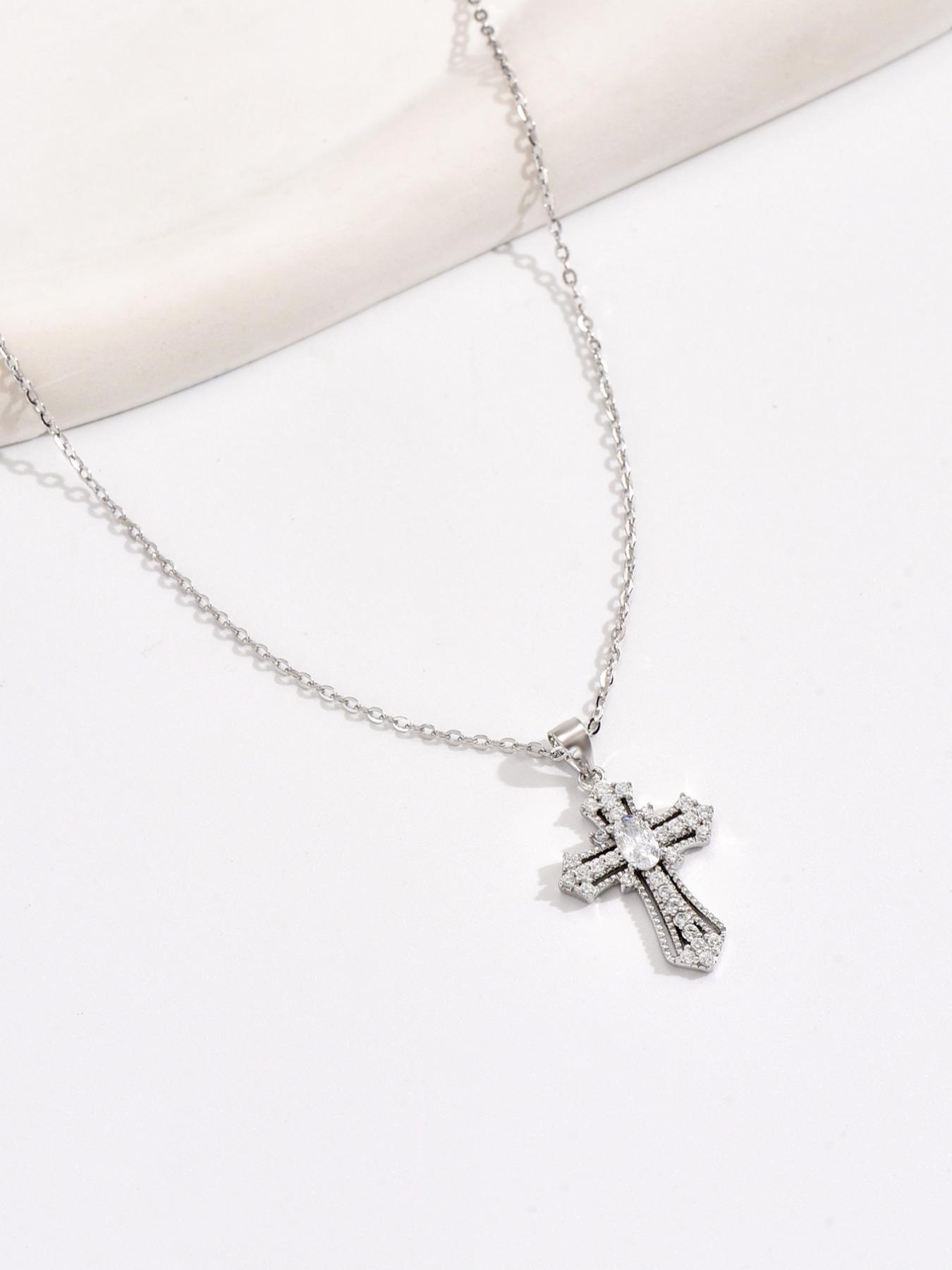 925 Sterling Silver Fashion Cross Design Pendant Necklace for Women, Artificial Zircon Decor Necklace, Trendy All-match & Exquisite Jewelry for Birthday Gift