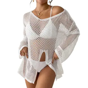 New irregular V-neck cover-up with hollowed-out side slit bikini cover-up beach skirt crochet swim