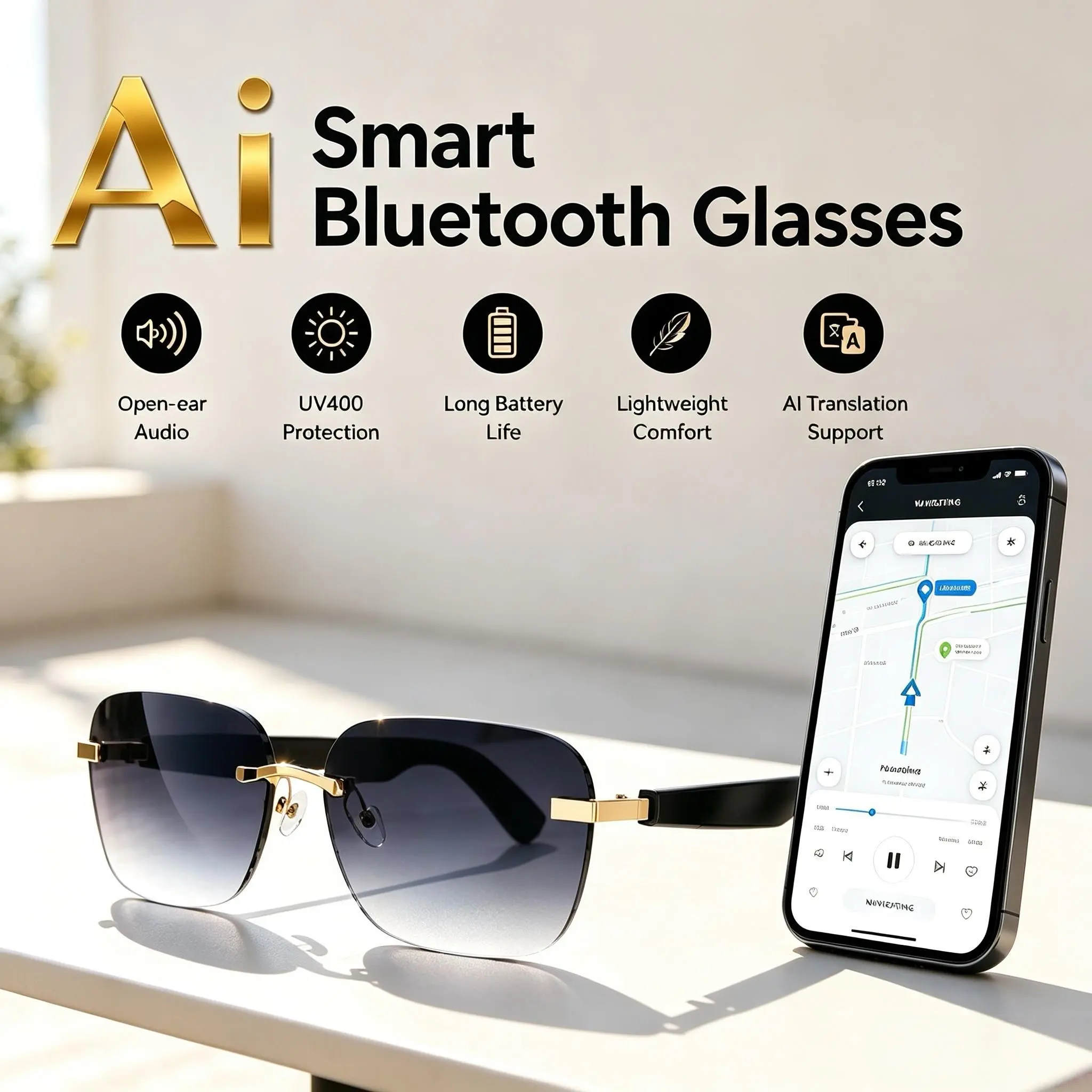 AI Bluetooth Smart Glasses, Multi-Language Translator Sunglasses, UV Protection Frameless Audio Glasses, Auto In-Ear Detection, Sweatproof Wireless Music Glasses for Travel Navigation Business Meetings