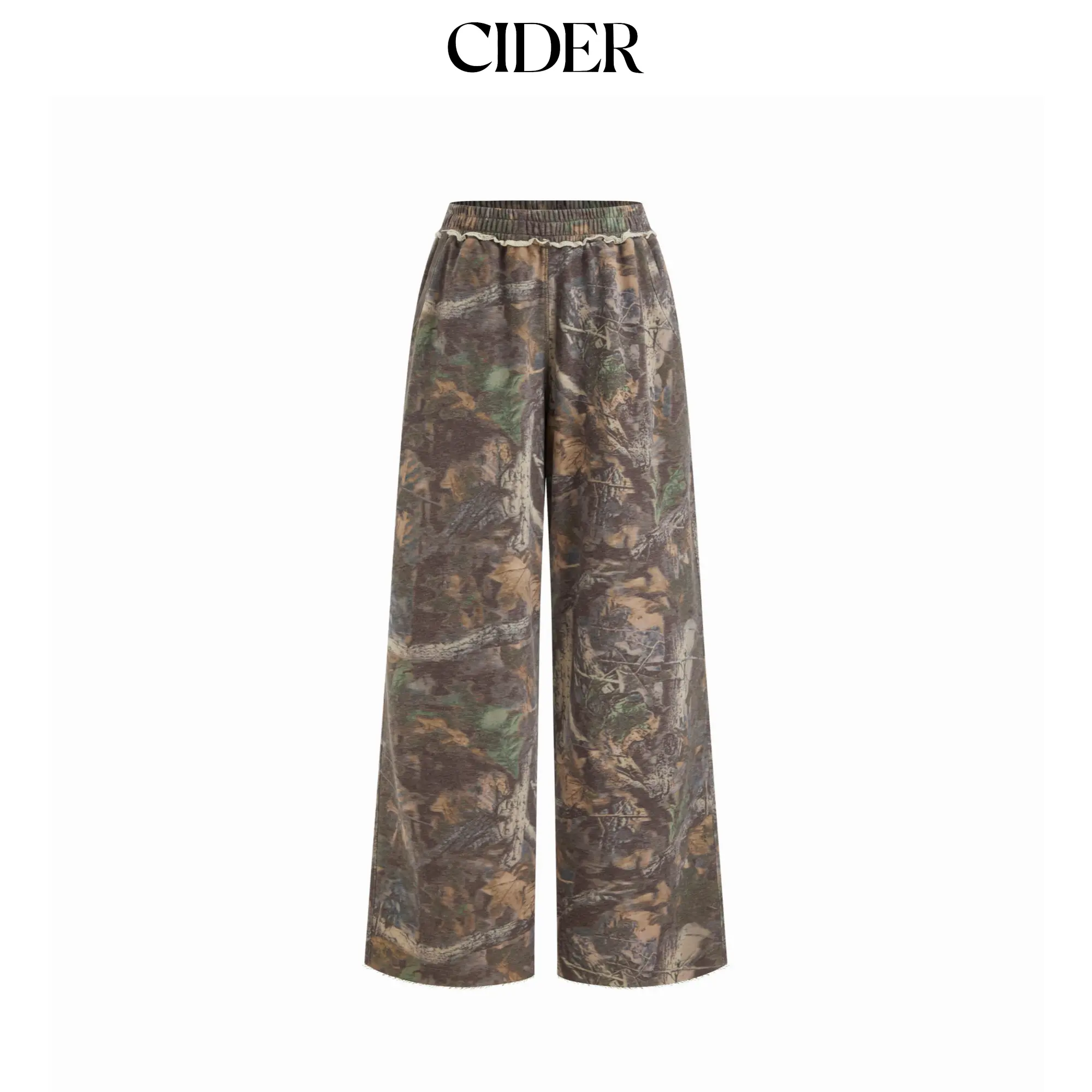 Cider Cotton-blend Mid Rise Elastic Waist Floral Camo Wide Leg Trousers