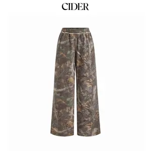 Cider Cotton-blend Mid Rise Elastic Waist Floral Camo Wide Leg Trousers