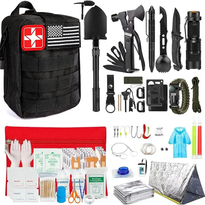 2026 Upgraded 251 Pcs Survival Kit First Aid Kit Emergency Supplies with 1000D Nylon MOLLE Crossbody Bag Axe Shovel Compass for Any Situation