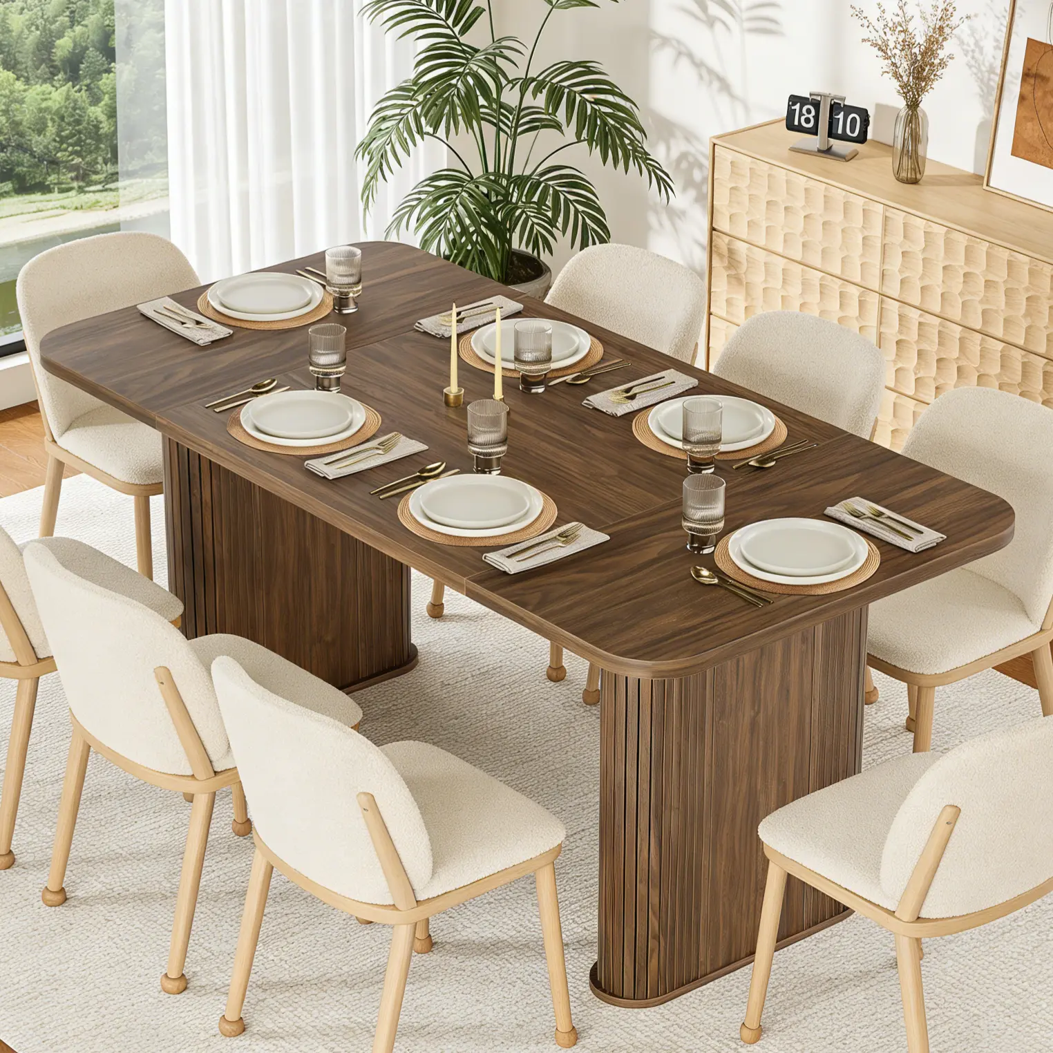 GAOMON 62 in Modern Solid Wood Rectangular Dining Table, Double Base Pedestal, Wabi-Sabi Scandinavian Style, Sturdy Eco-Friendly for 6-8 People, Dining Room & Home Office Use