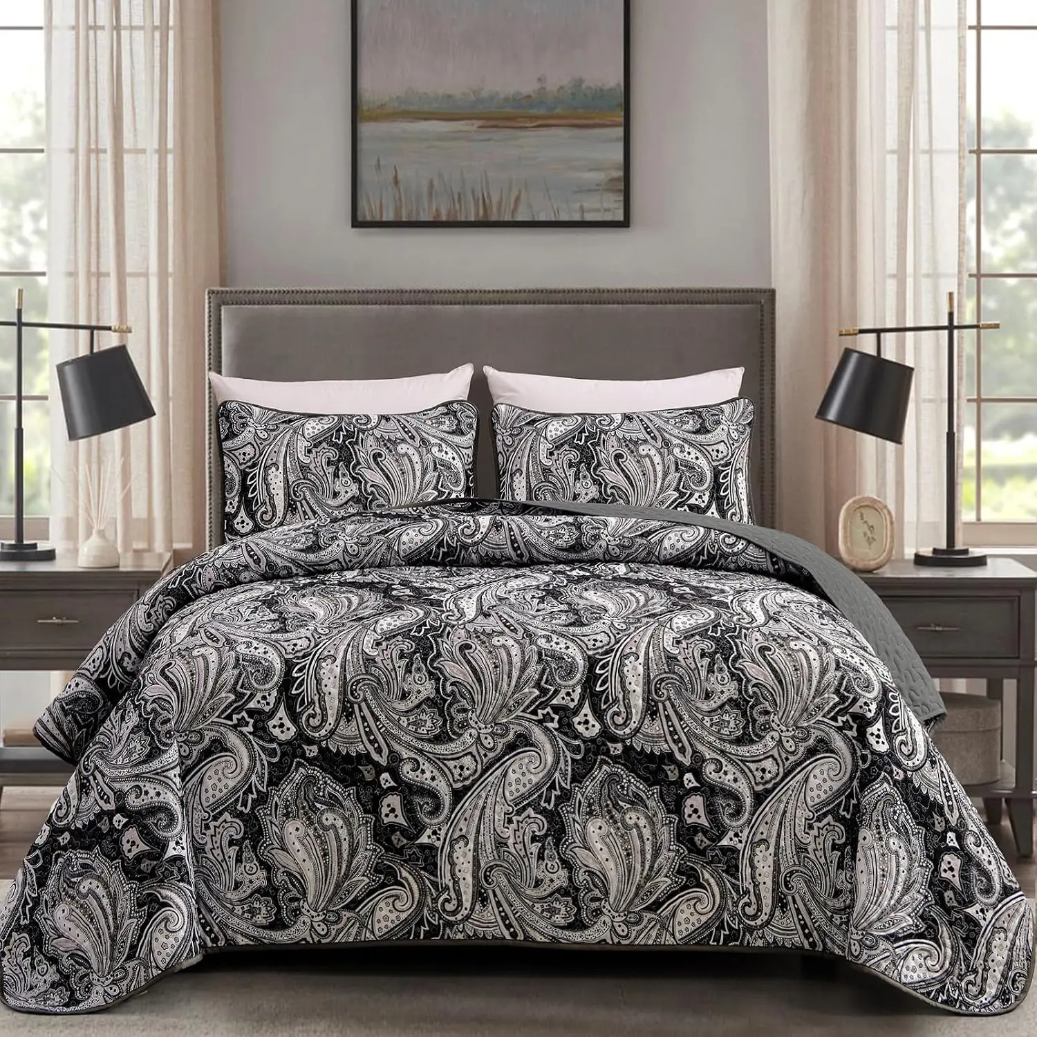 Black Paisley Set King Size, Boho Bedspread Coverlet 3 Pieces| Soft Microfiber Bedding Set, Dark Gray/Black Paisley Floral Pattern Lightweight Bedding for All Season, 110''x90''