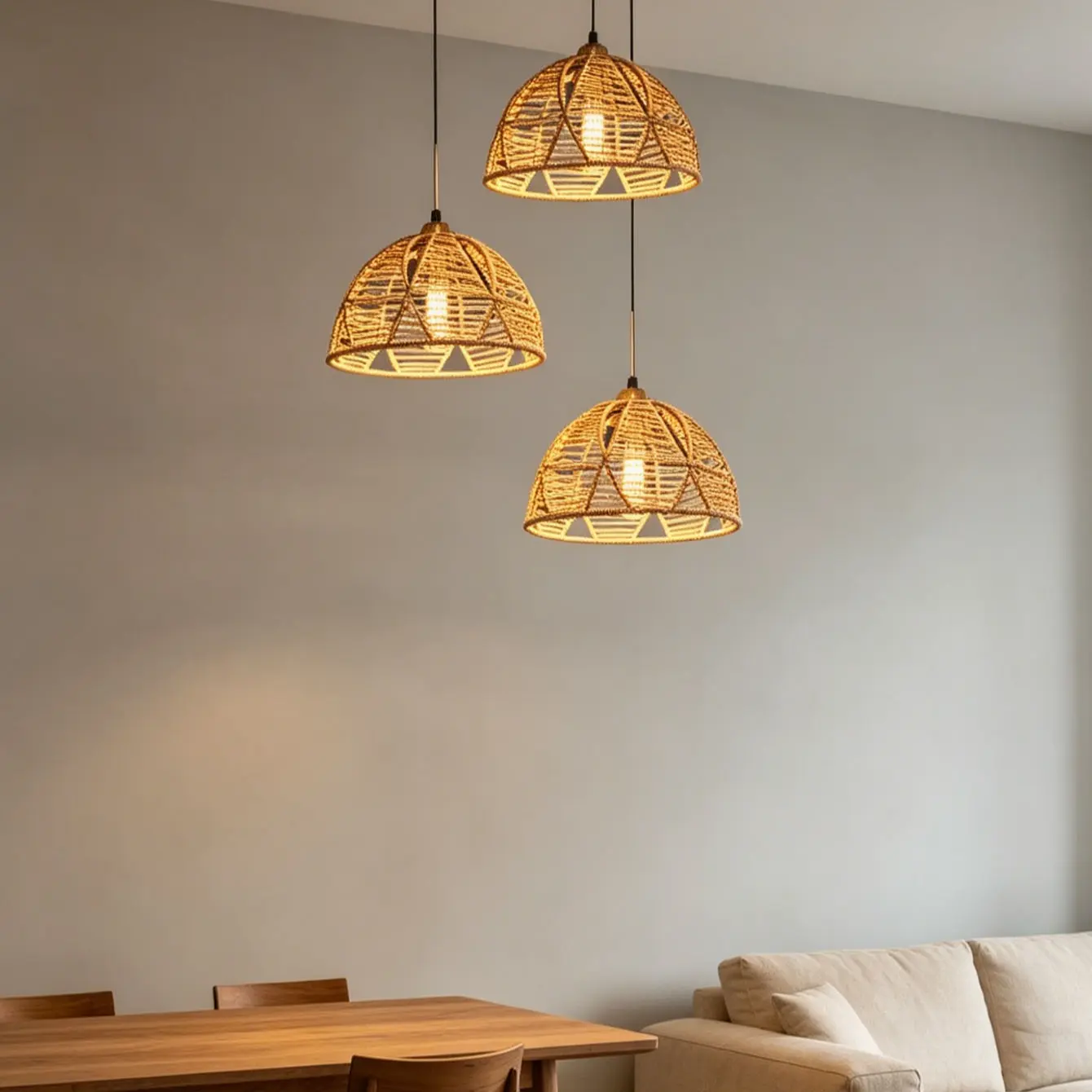 Bohemian Handmade Paper Rope Lampshade, Semi-Spherical Lattice Design, Vintage Rustic Style, Ideal for Kitchen, Coffee Shop and Living Room Decor