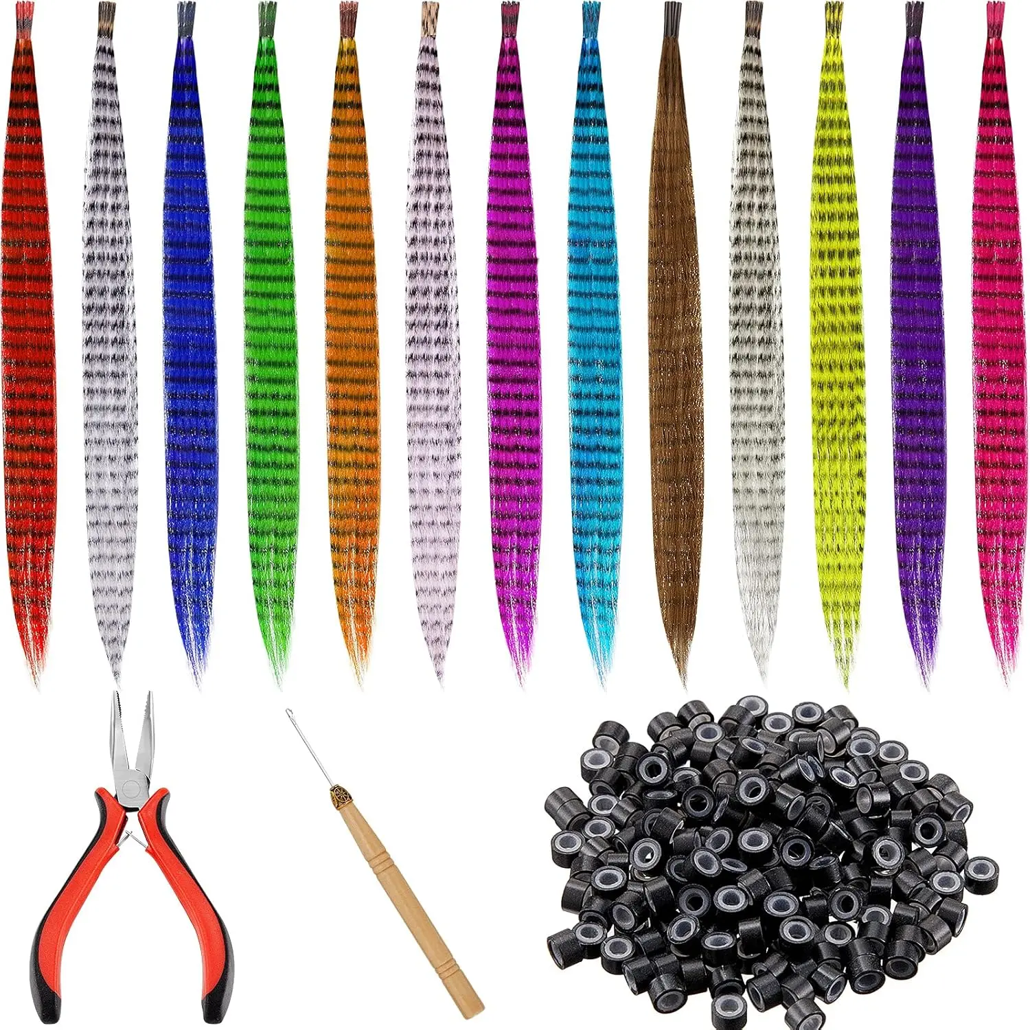 52 Pcs Colored Hair Feathers Extension Kit for Women 13 Colors Long Straight Synthetic Hair Feather 200 Silicone Lined Micro Ring Crochet Hook and Lengthen Remover Plier for Cosplay Party