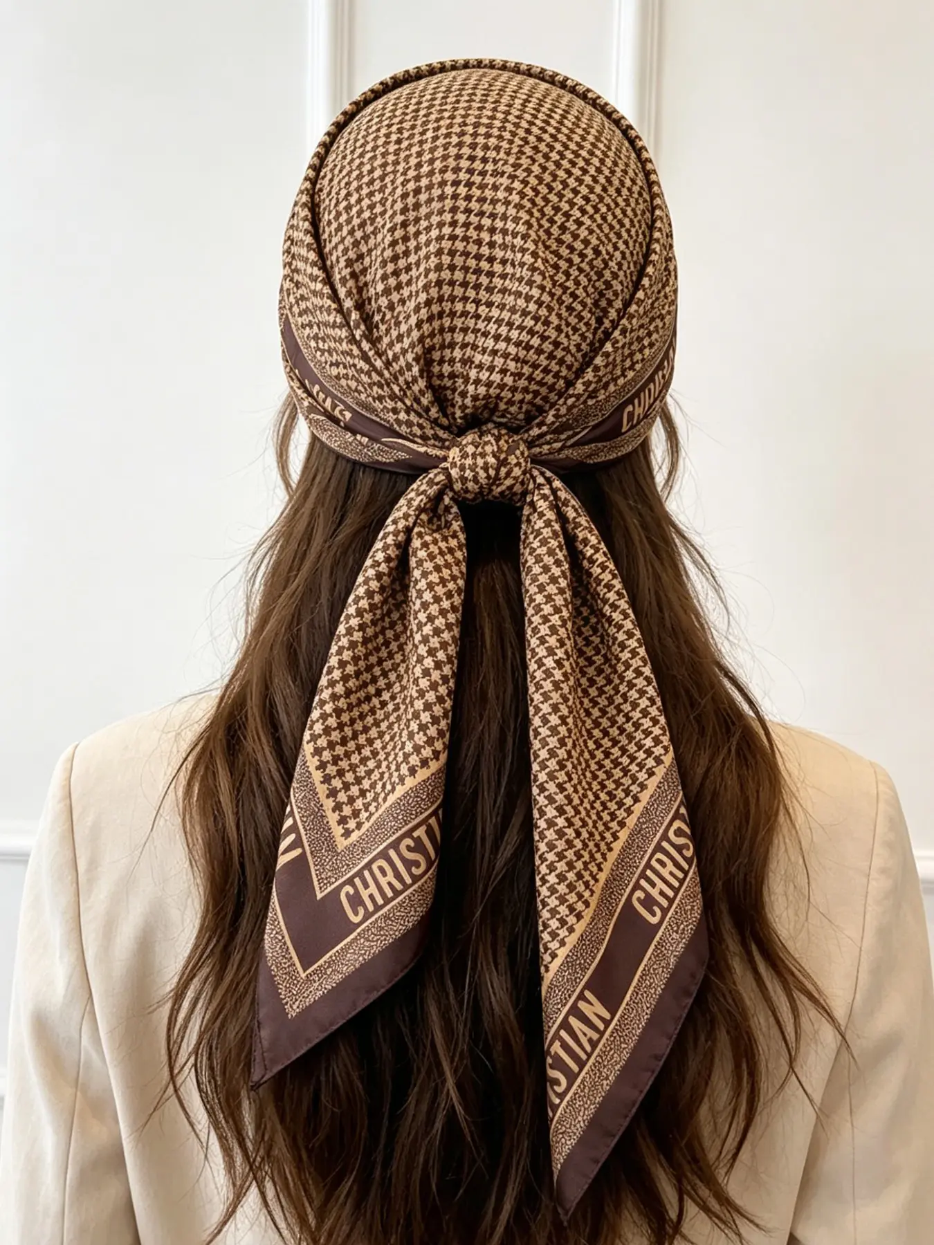 Classic Houndstooth Check Print Silk Scarf, Women's Fitted Letter Border Shawl, Casual All-Season Fashion Accessory for Travel & Office