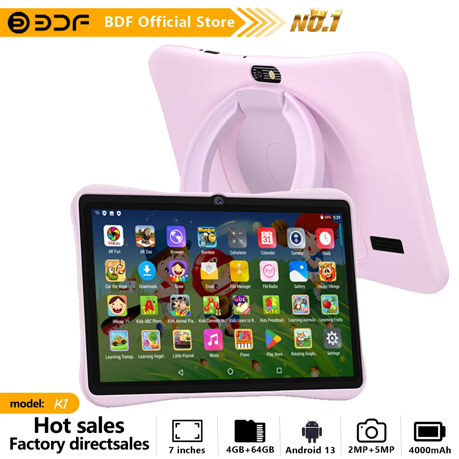 Bdf 7-Inch Android 13 Tablet with Education Software, USB Charging, Quad-Core Processor, 4GB RAM, HD IPS Display, 64GB Storage, 4000mah Battery