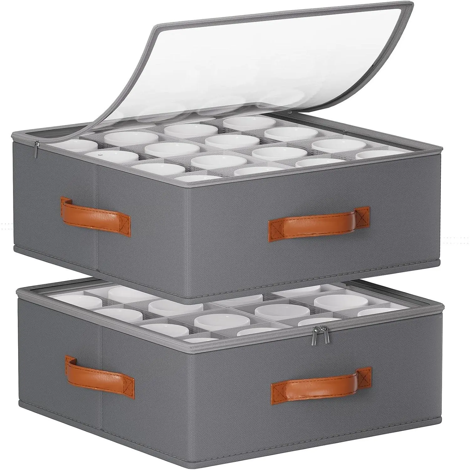 Grey Cup and Mug Storage Containers (2 Pack) - 32 Adjustable Dividers Pull-Out, Leather-Oxford Cloth Hard Shell, Transparent Lid, 3 Handles, Zippers, Stackable Kitchenware Organizers for Packing&Moving