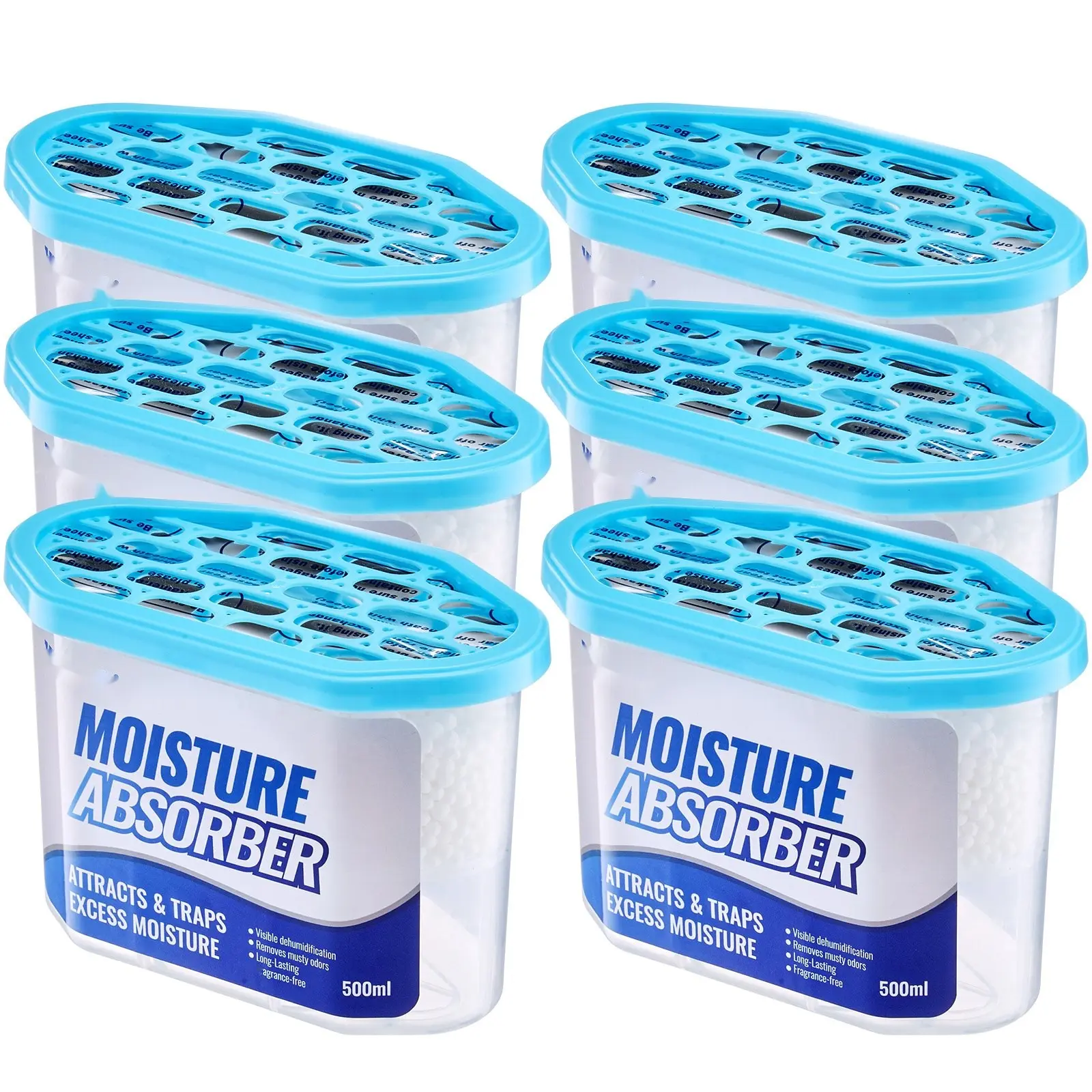 Moisture Absorber Boxes, 10.8-Ounce Humidity Absorber Pack of Six, Fragrance Free Dehumidifier for Bathroom, Closet, and Kitchen, Odorless Moisture Control, Reduces Condensation and Mold Risk, Safe for Storage Areas