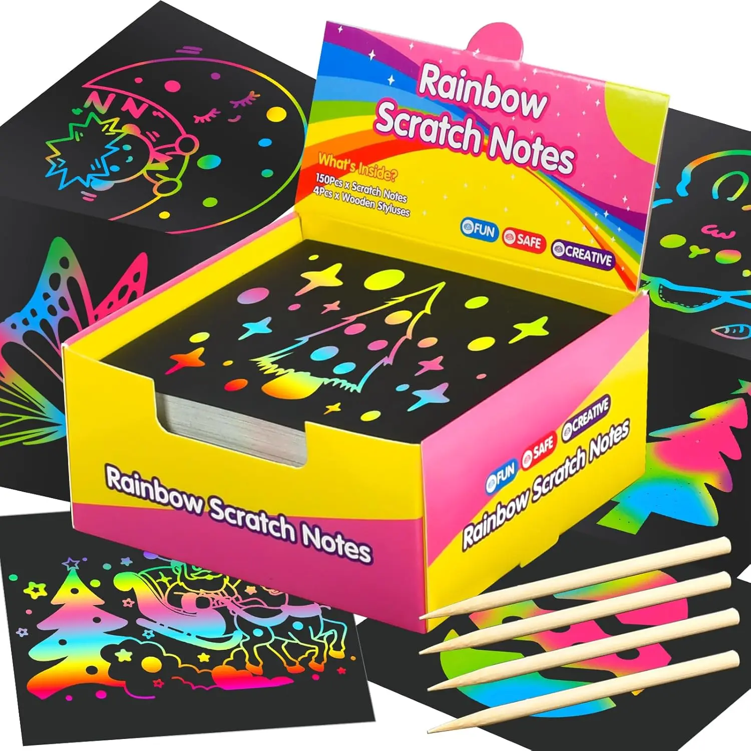 Rainbow Scratch Paper Craft Supplies for Kids (4-12 Years) - Safe Materials, Classroom Art, Back to School Essentials, 150-Count Notes