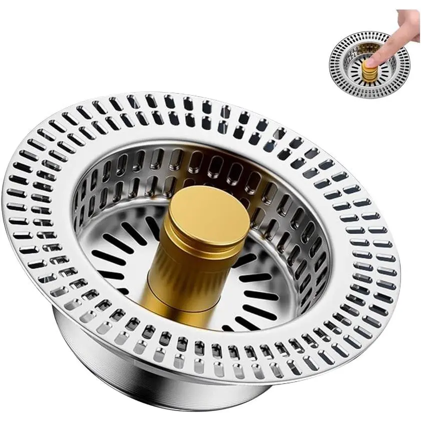 3 in 1 Kitchen Sink Drain Strainer, Stainless Steel Sink Drain Strainer, Anti-Clogging Sink Stopper with  Catcher Basket, Brass Core for  Standard 3 1/2 inch Kitchen Drain