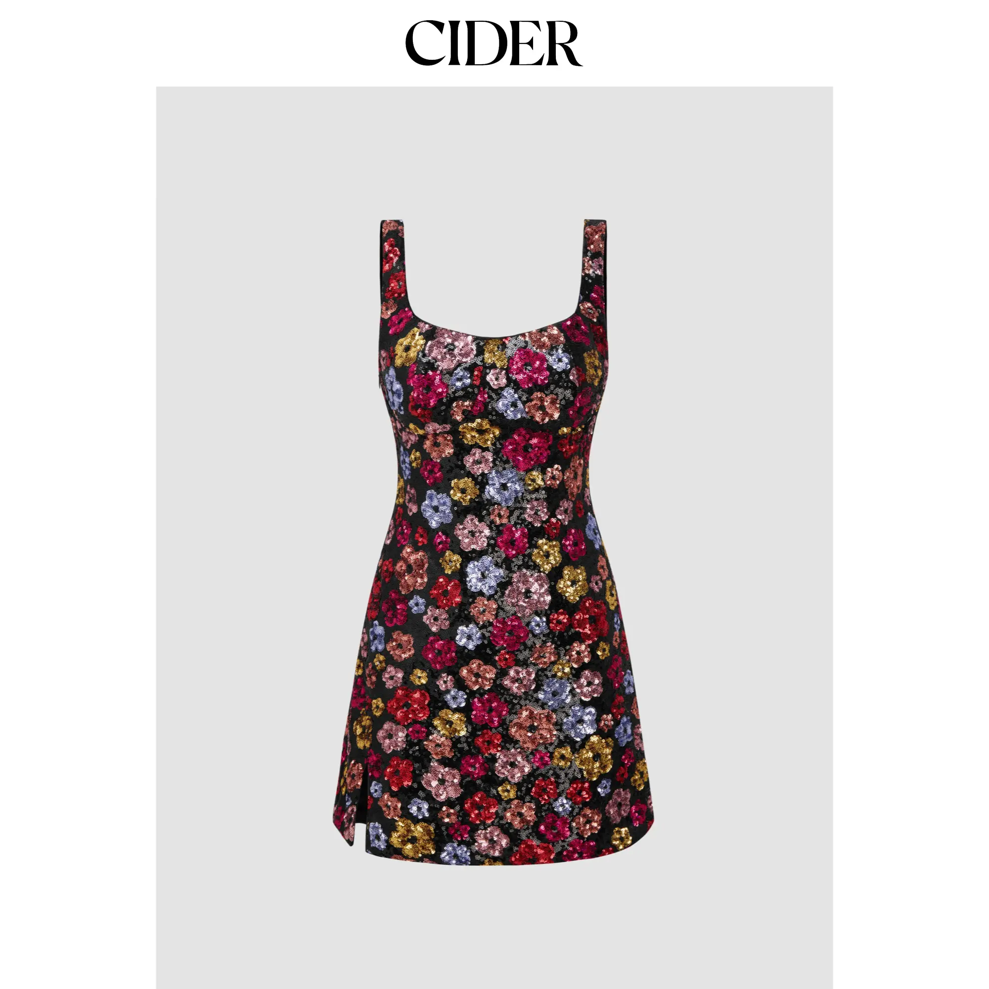 Cider Floral Sequin Scoop Neckline Split Mini Dress SohoChic Cider Floral Sequin Scoop Neckline Split Mini Dress SohoChic