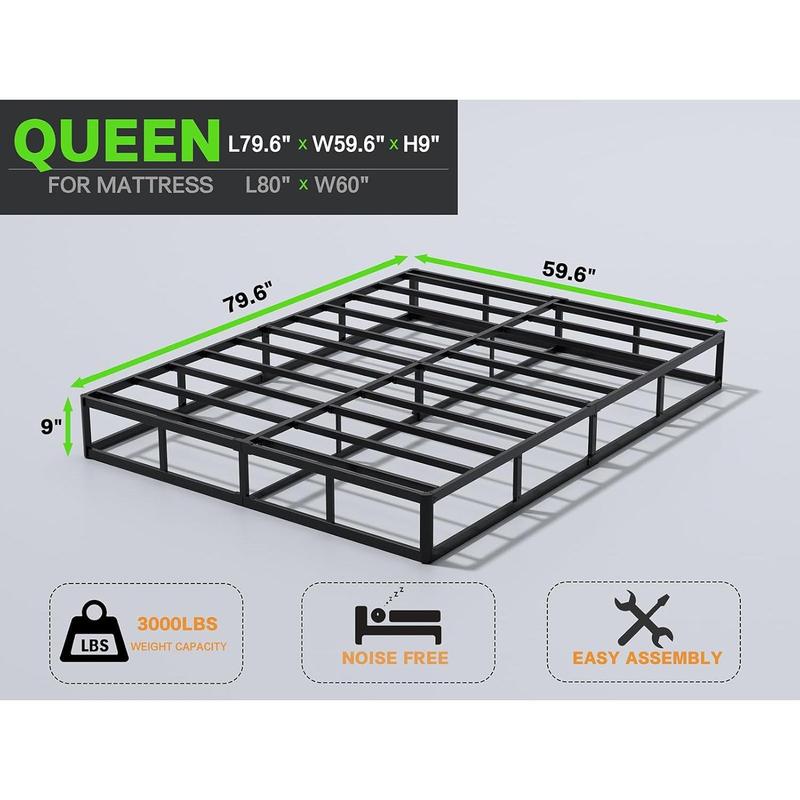 Box Spring 9 Inch High Profile Black Heavy Duty Metal Mattress Foundation with Fabric Cover,Easy Assembly,Non-Slip & Noise-Free