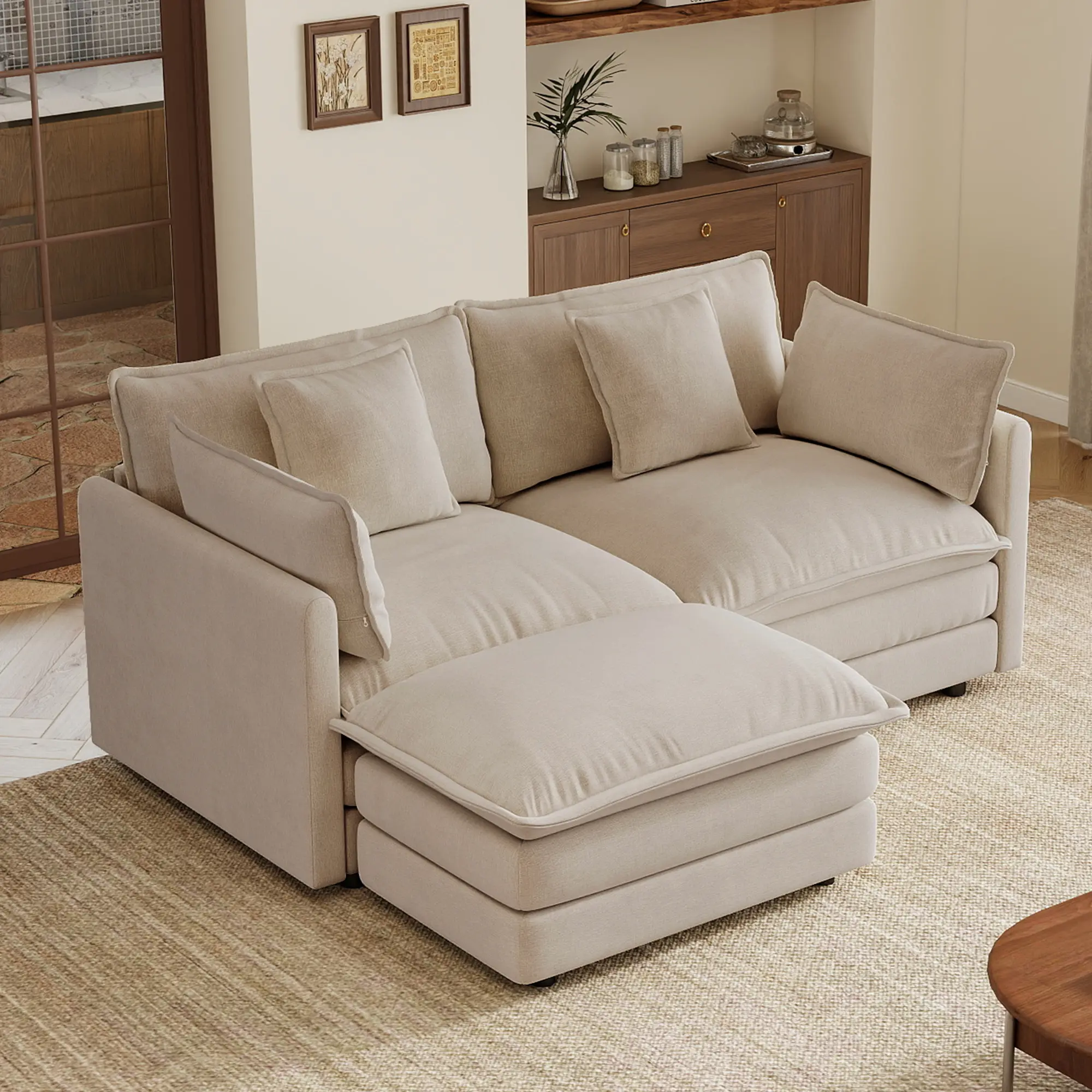 ARCH L-Shaped 2-Seater Sofa with Ottoman for Small Living Spaces, Light Coffee Chenille Upholstered Couch with 2 Armrest Pillows and 2 Toss Pillows, Easy Assembly Modular Sectional Sofa Set for Living Room, Comfy 2-Seat Sofa with Ottoman, Solid, Pillowed