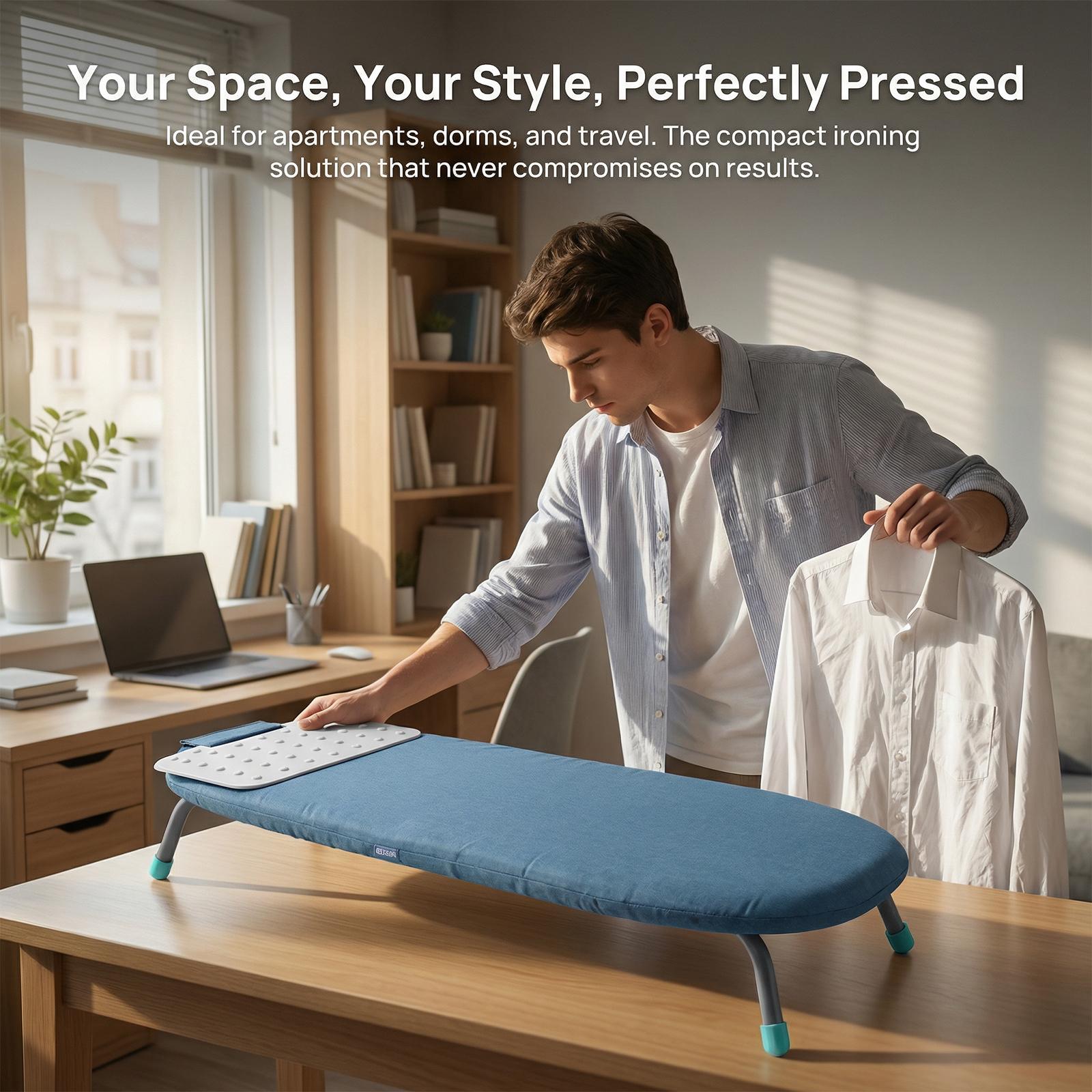 Travel Compact Ironing Table Metal Mesh Panel Space-Saving Ironing Board with Iron Mat with Non-Slip Feet Set for Dorm Rooms RVs Travel Apartments NEW