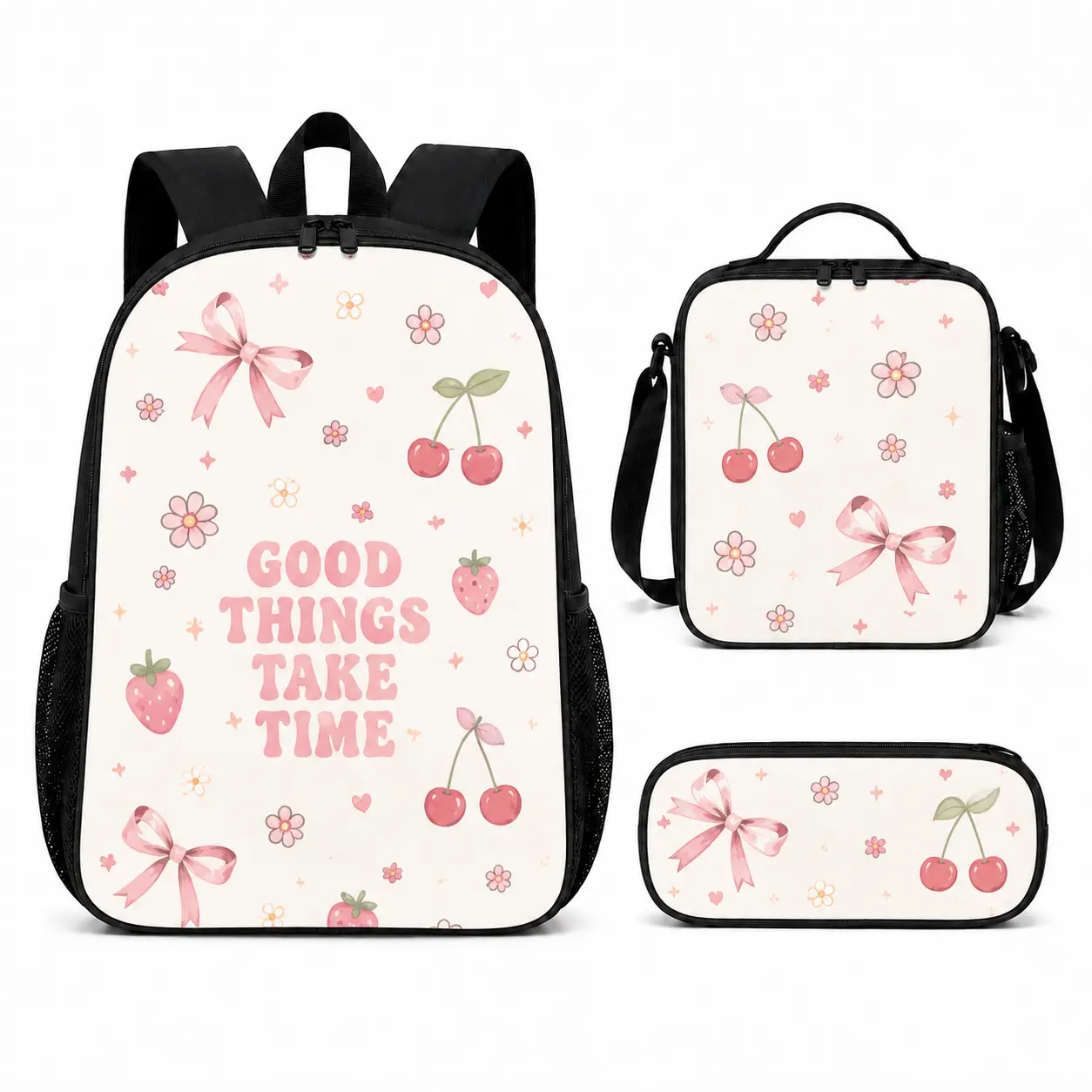Pink Bow Cherry Strawberry Backpack Three-Piece Set, Girly Floral Elementary School Backpack, Lunch Bag, Pencil Case Set