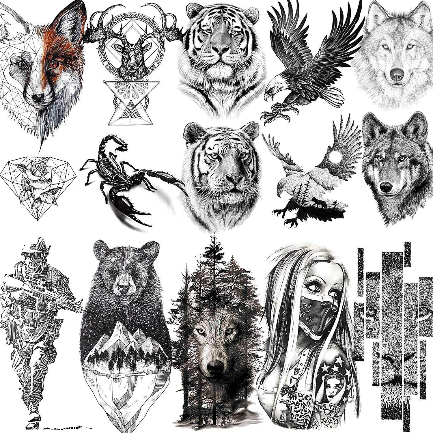 Animal & Figure Pattern Temporary Tattoo Sticker, 10pcs/set Realistic Fake Tattoo Decals, Waterproof Body Art Stickers for Women Men