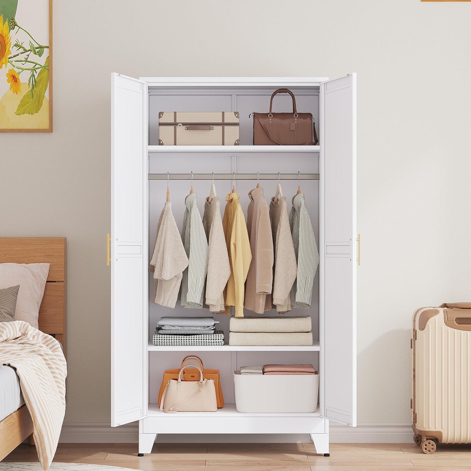Metal Wardrobe Cabinet with Hanging Rod, 71" Metal Clothing Storage Cabinets with 2 Doors and Adjustable Shelves, White Armoire Wardrobe Closet for Bedroom, Laundry Room, Cloak Room mothersdaygift