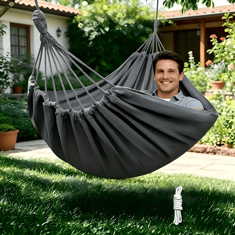 [Outdoor Camping Hammock] 1pc Patio/Outdoor Hammock with Support Pole, Sturdy Dark Gray Fabric Hammock with Anti-Tip Design, Durable with Tie-Down Ropes - Ideal for Relaxing in the Patio, Outdoors, Indoors, and Camping, for Outdoor Hammock Use