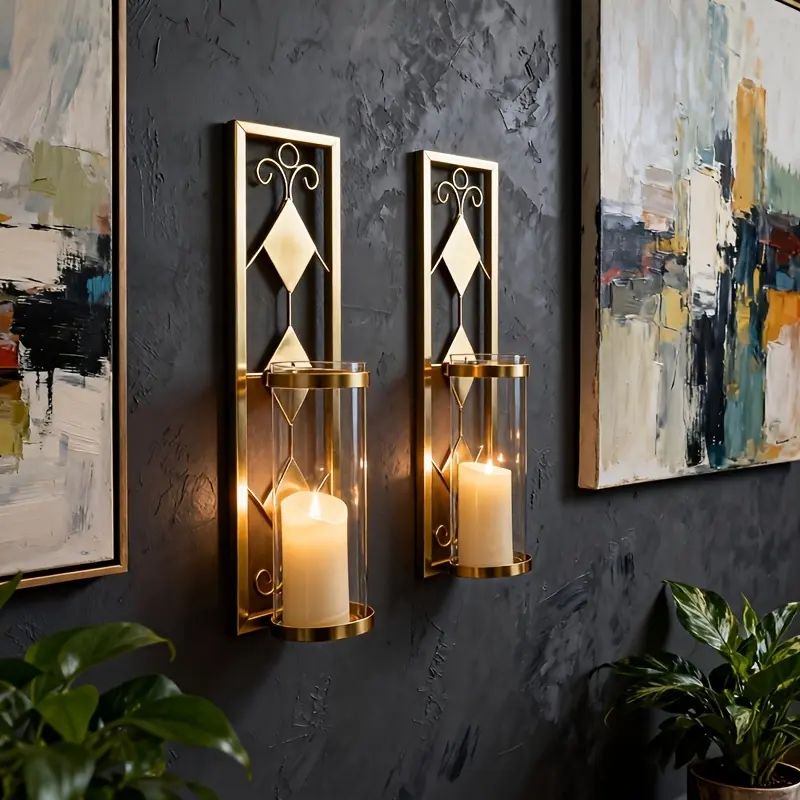 2pcs Wall Sconce with Metal Frame and Windproof Glass Cover, Christmas Electronic Candle Candelabra. Available in Golden and Black Metallic Finishes. Home Decor Candle Holder, Iron Decorative Candelabra Suitable for Pillar Candles and Electronic