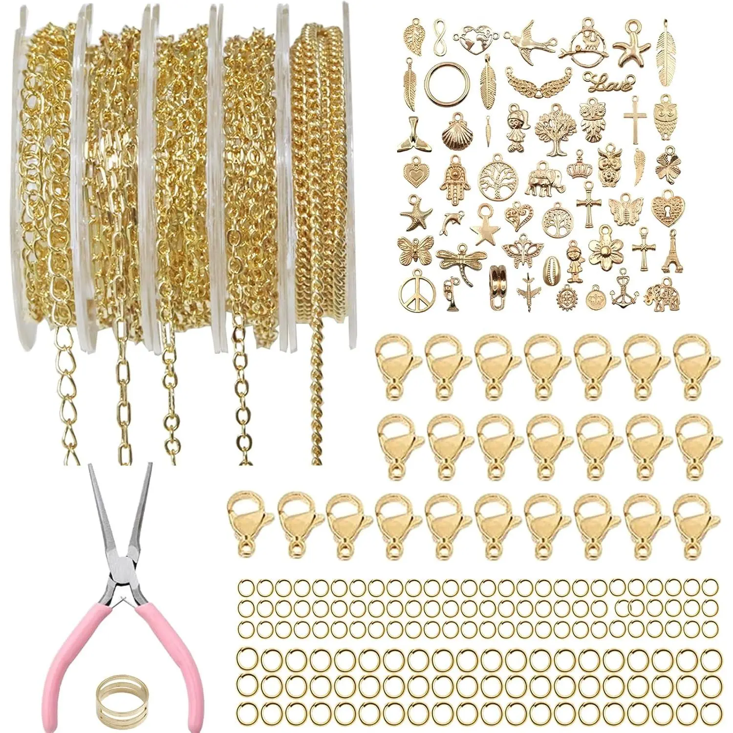 14K  Chain  Making 5 Rolls 16.4ft Charm Necklace Kit | 14K  Plated Chain for Necklace Bracelet Making Permanent  Kit Charms Pendants Jump Rings Lobster Clasps Pliers
