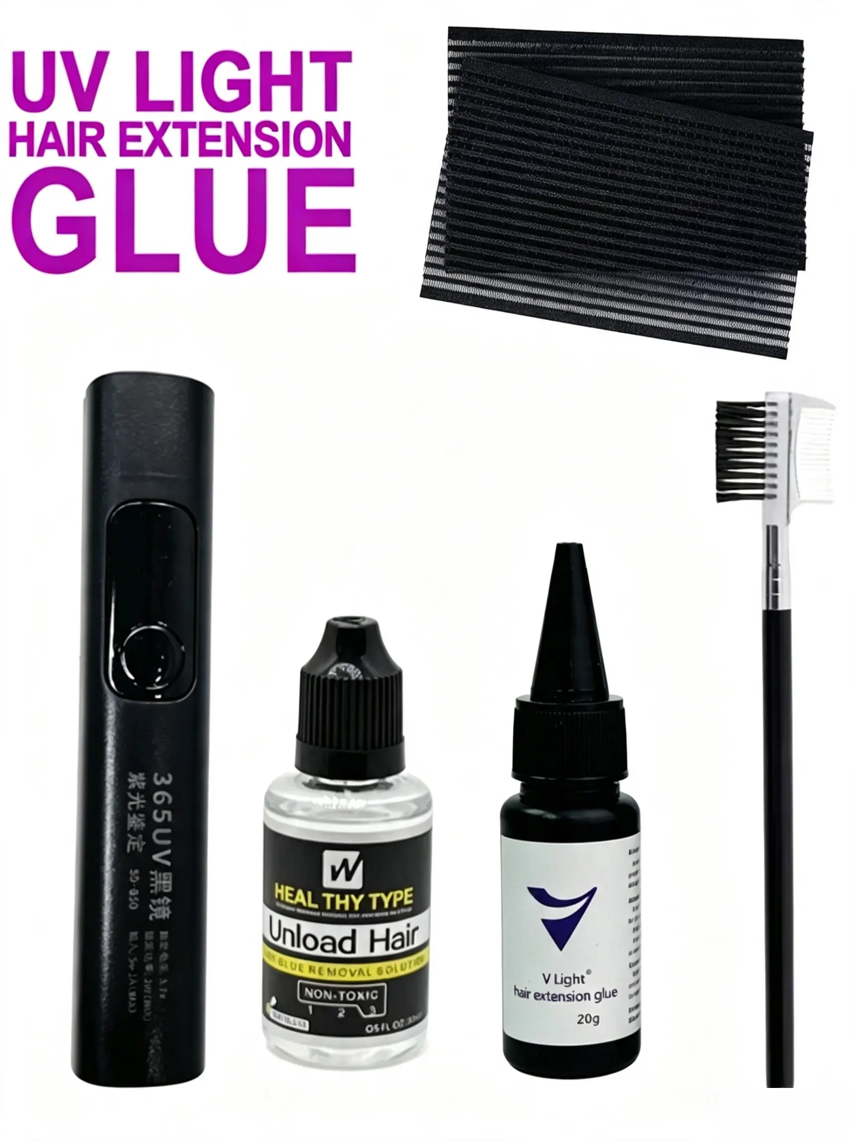 V-Light UV Hair Extensions Kit, Industrial Minimalist Tool Set, Quick Cure Glue, No Damage, Professional Salon Tools