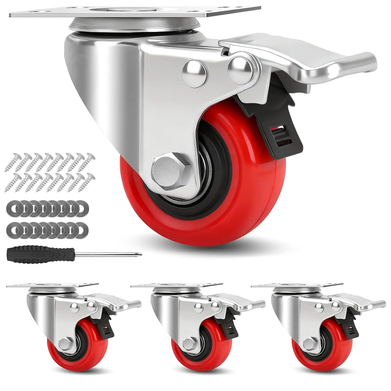 2-Inch Industrial Heavy Duty Swivel Caster Wheels with Safety Lock, Set of 4 Polyurethane Wheels, 600lbs Load Capacity for Tables Beds, Stage Toolbox, Corn Board