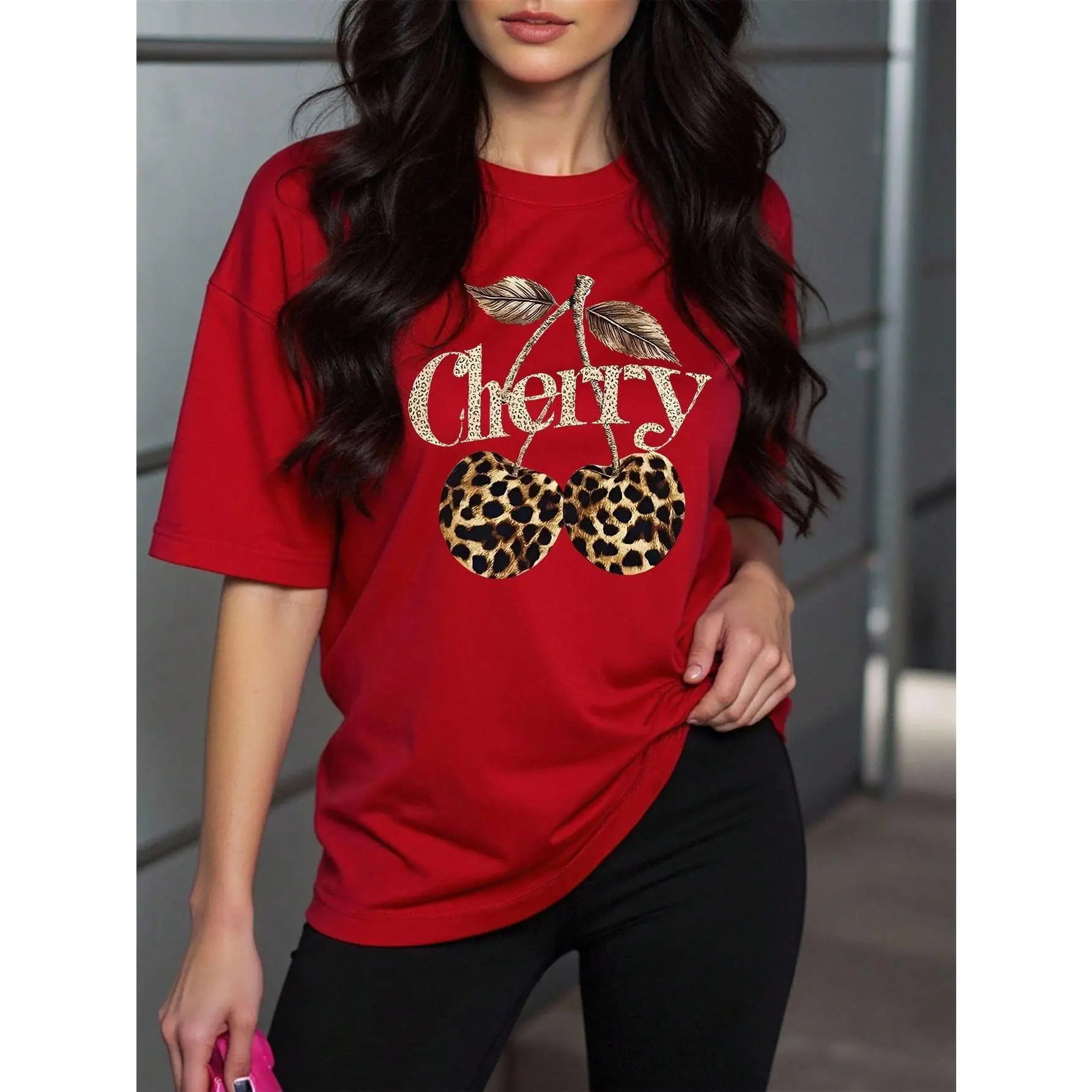 Sports Knitted Short-Sleeve Tshirt - Red Leopard & Cherry All Over Print, Round Neck, Drop Shoulder, Stretchable, Machine Washable, Casual Regular Fit, Synthetics Fabric, Athleisure Wear, Sporty Chic, Do Not Dry Clean, Shortsleeve, Leopard Print, Casual W