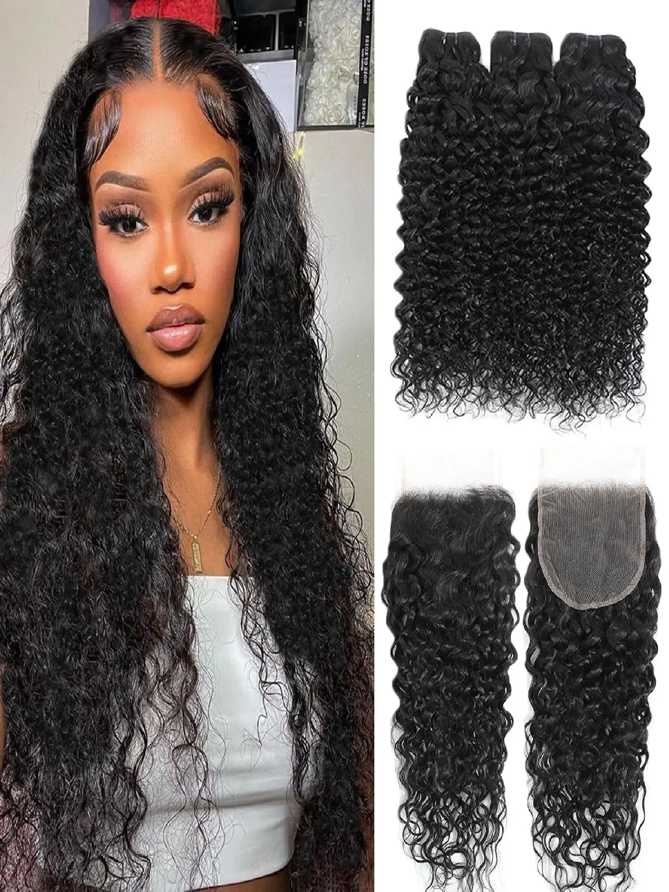 12A Water Wave Bundles with Closure  5x5 HD Lace Brazilian  Human Hair water Wave 3 Bundles with Closure Human Hair